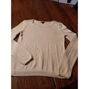 Small Gap Cream Long Sleeve Pullover Sweater Zipper Detail Shoulders Round Neck